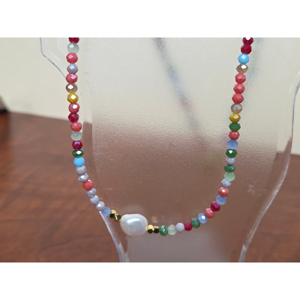 Multi Color Beaded Necklace with Baroque Freshwater Pearl Gold Tone Extender